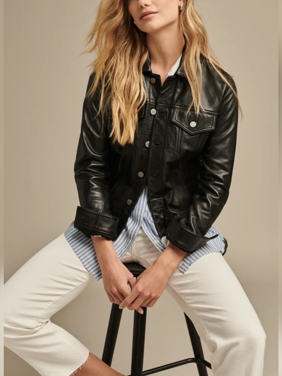 Classic Black Leather Button-Up Jacket
